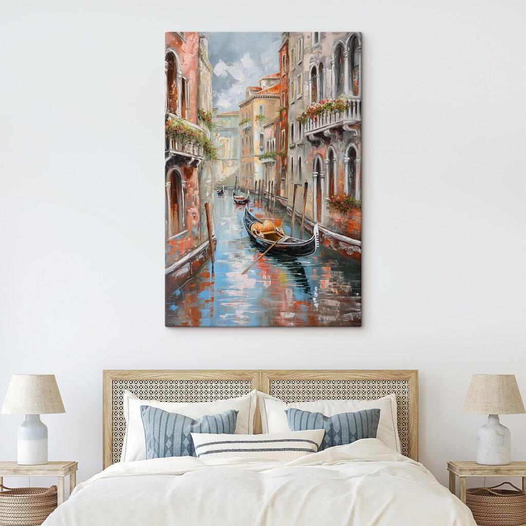 Painting of a canal with a gondola in the middle of a city Painting of a canal with a gondola in the middle of a city