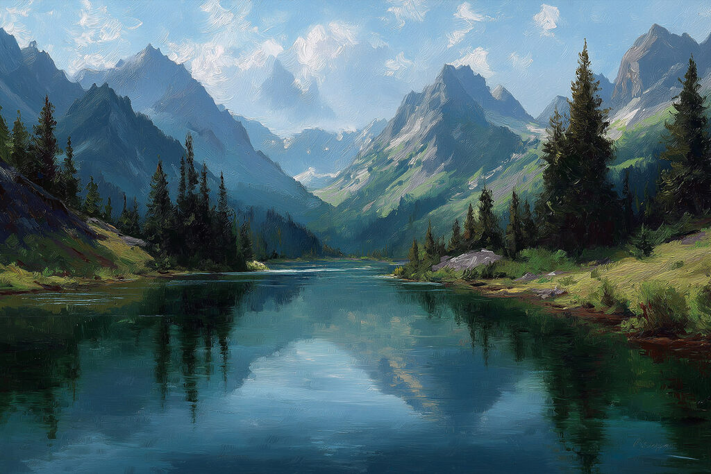 River with trees and mountains in the background River with trees and mountains in the background