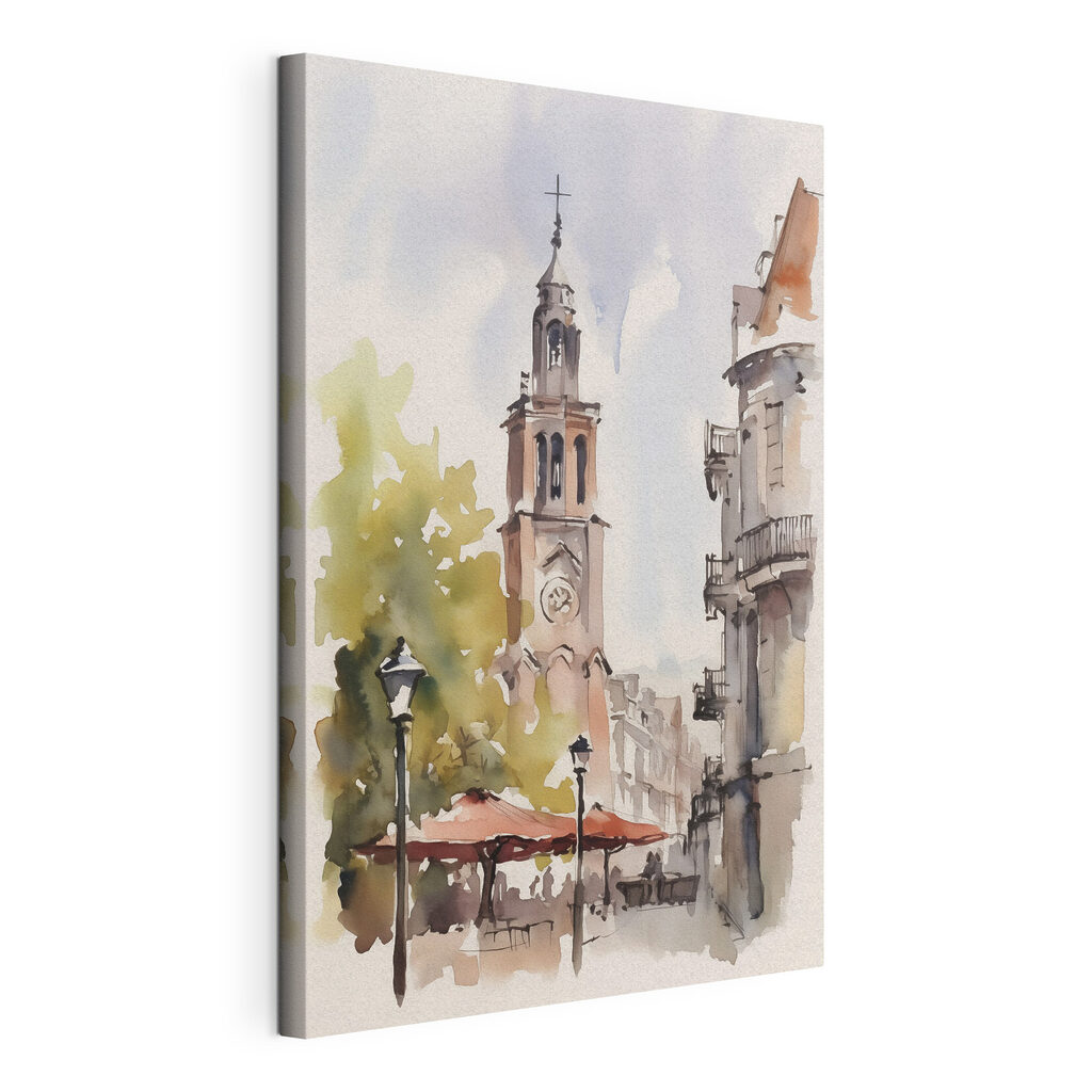 Watercolor of a building with a clock tower Watercolor of a building with a clock tower