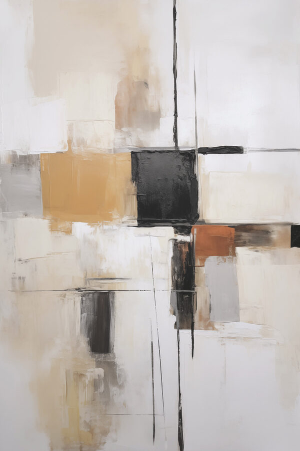 Painting of a white wall with black squares and brown squares