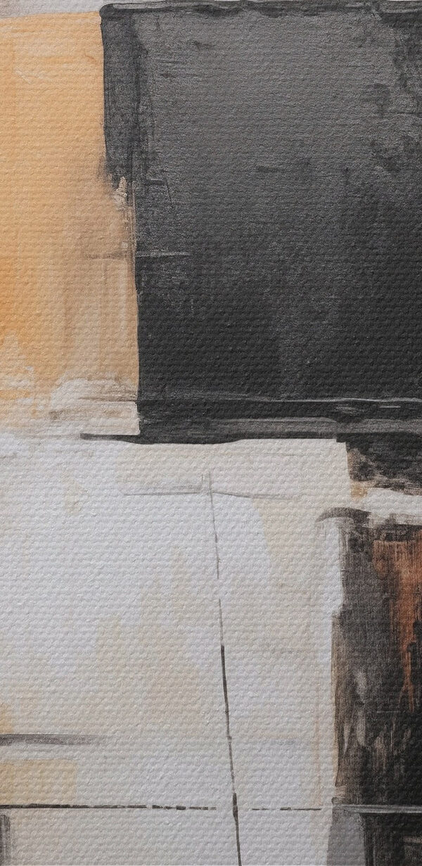 Painting of a white wall with black squares and brown squares