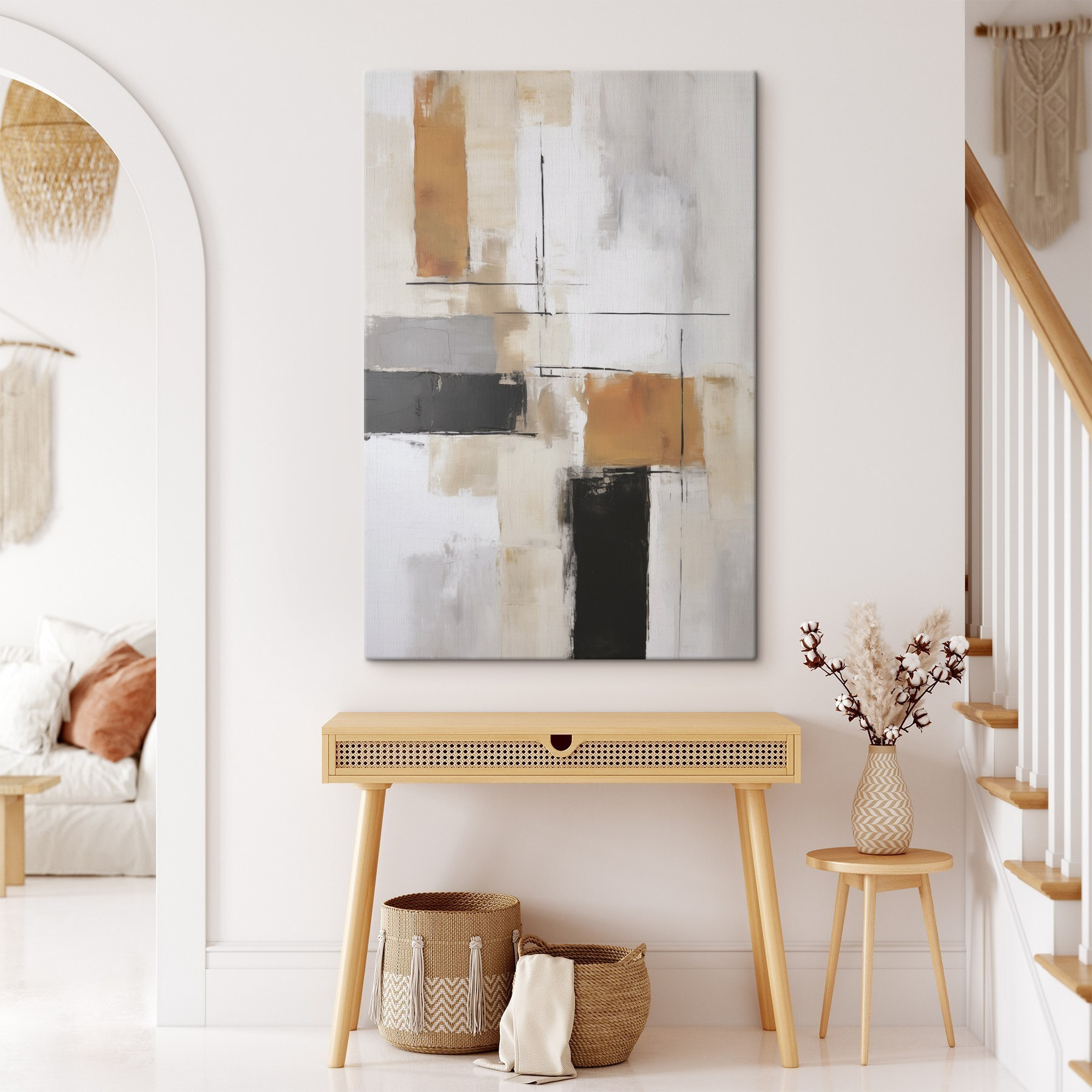 Painting of a white wall with black and brown squares