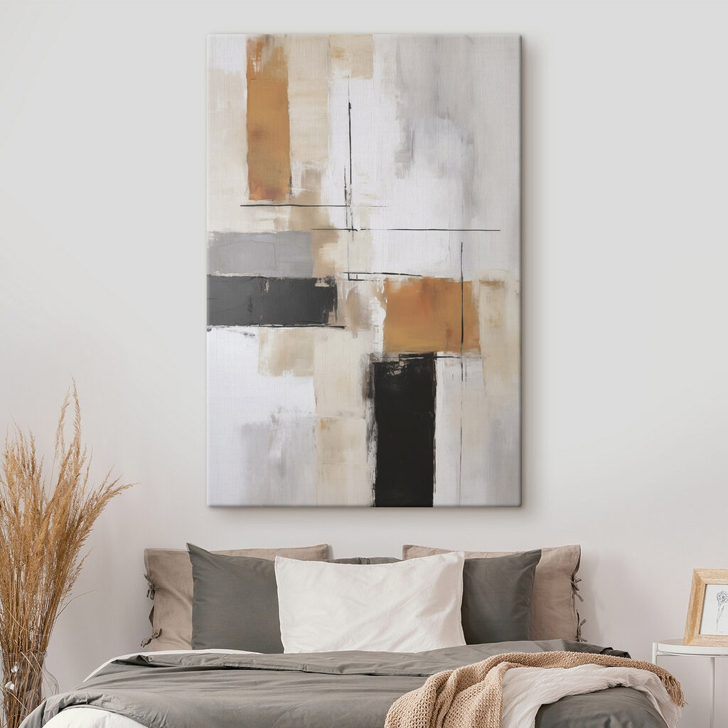 Painting of a white wall with black and brown squares