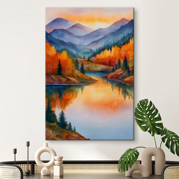 Watercolor painting of a lake surrounded by trees