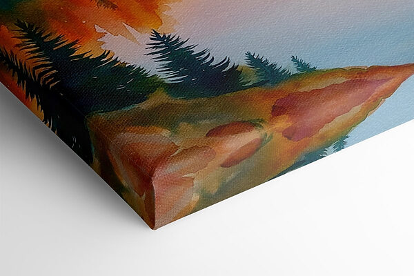 Watercolor painting of a lake surrounded by trees