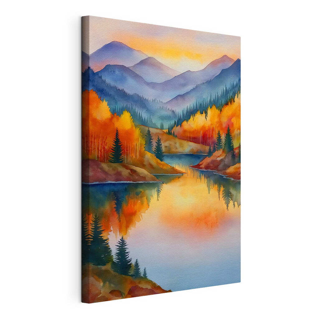 Watercolor painting of a lake surrounded by trees