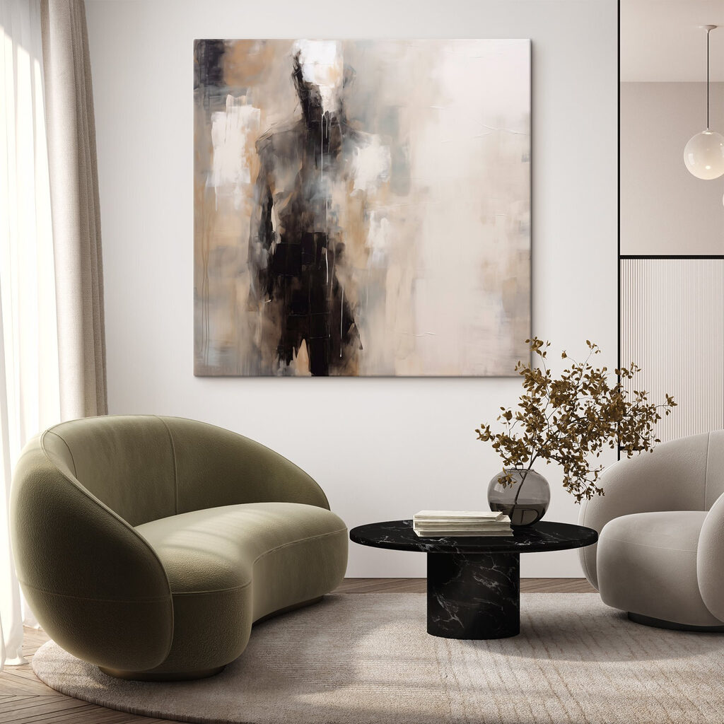 Painting of a person in black and white