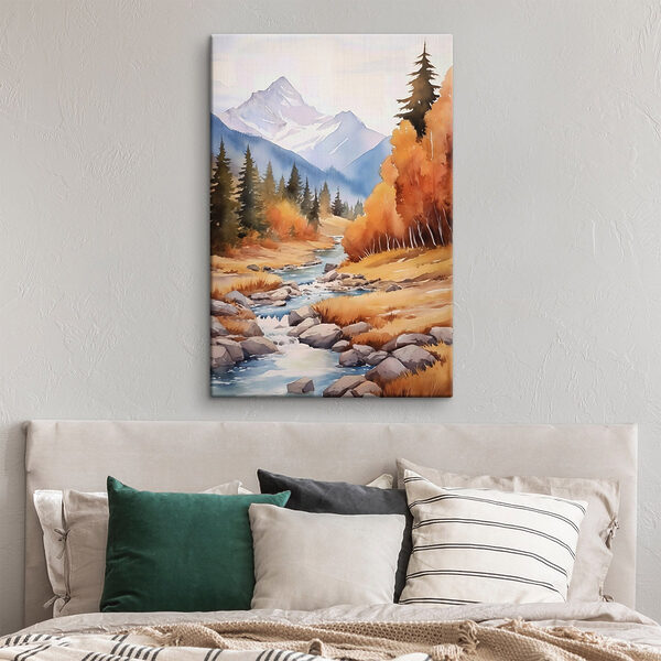 Watercolor painting of a river running through a forest
