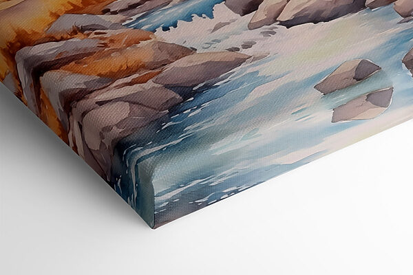 Watercolor painting of a river running through a forest