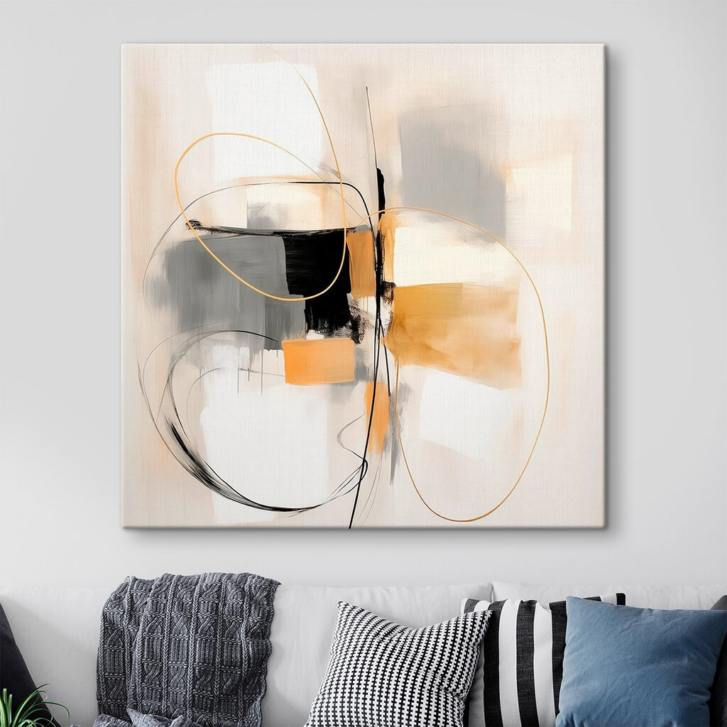 Painting of a white wall with black and yellow circles and lines Painting of a white wall with black and yellow circles and lines