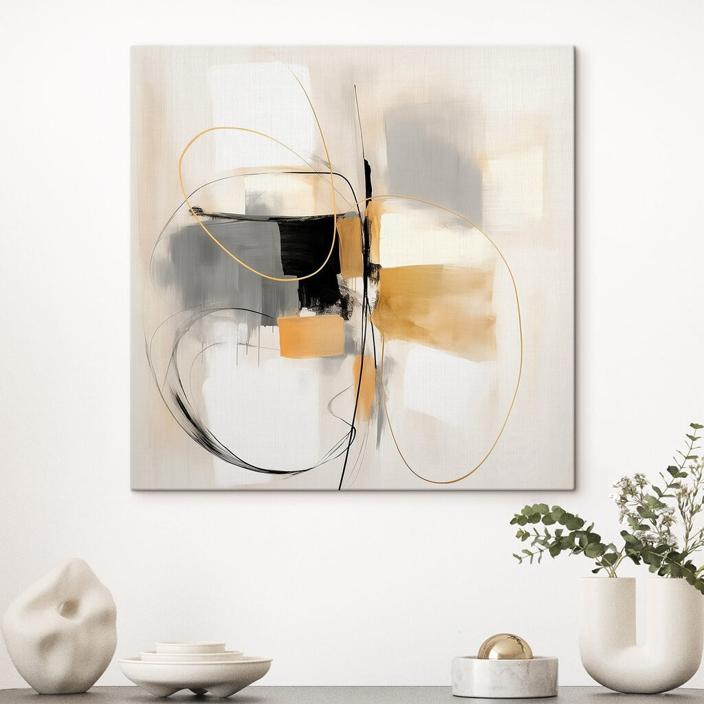 Painting of a white wall with black and yellow circles and lines Painting of a white wall with black and yellow circles and lines