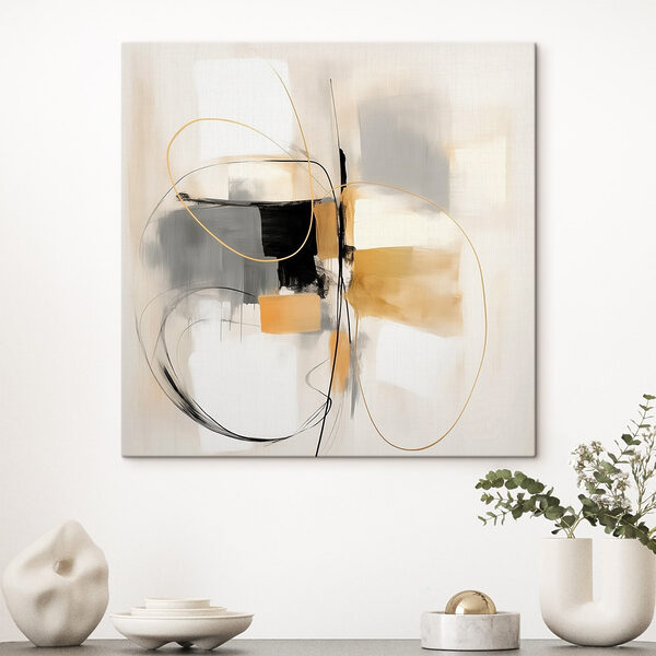 Painting of a white wall with black and yellow circles and lines Painting of a white wall with black and yellow circles and lines