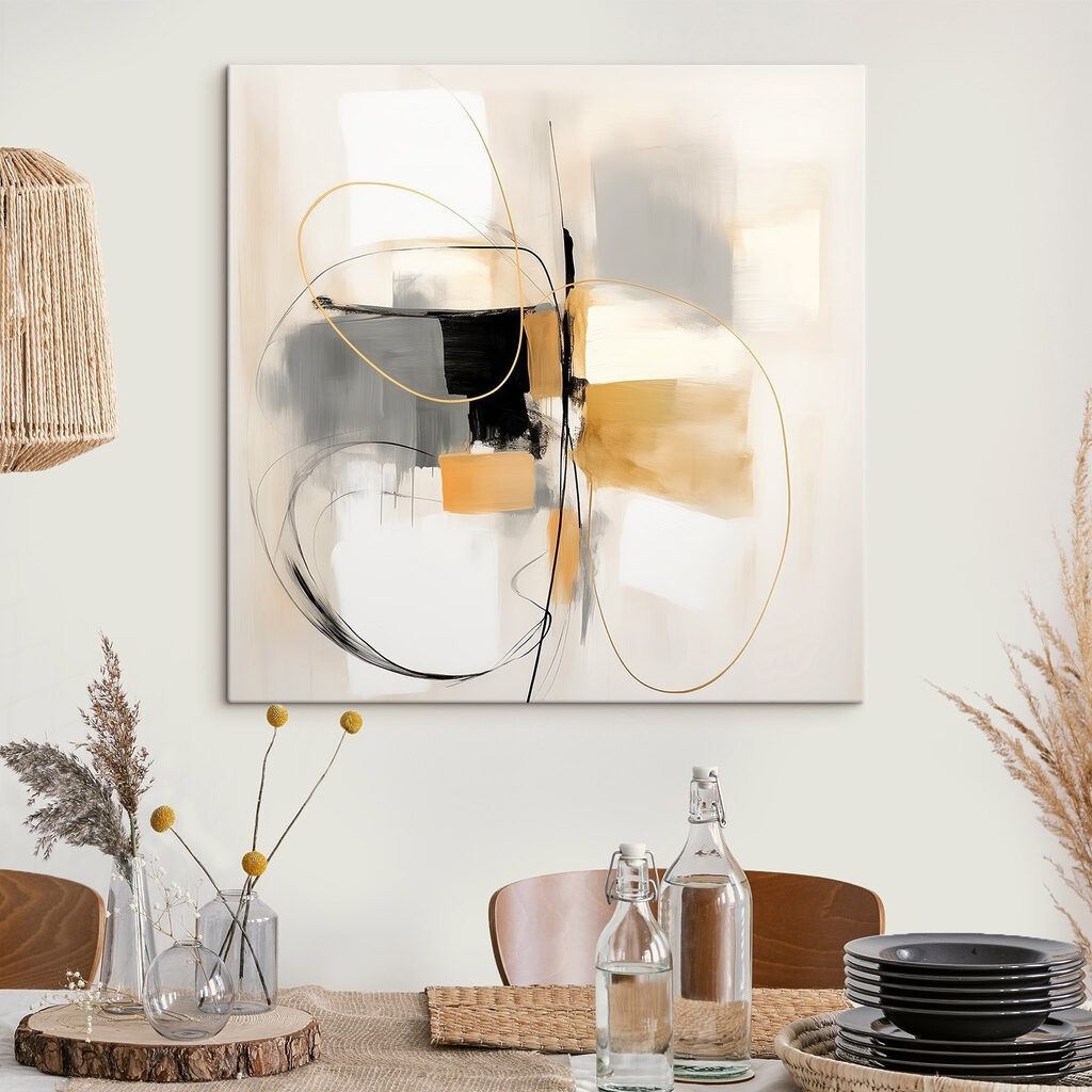 Painting of a white wall with black and yellow circles and lines Painting of a white wall with black and yellow circles and lines