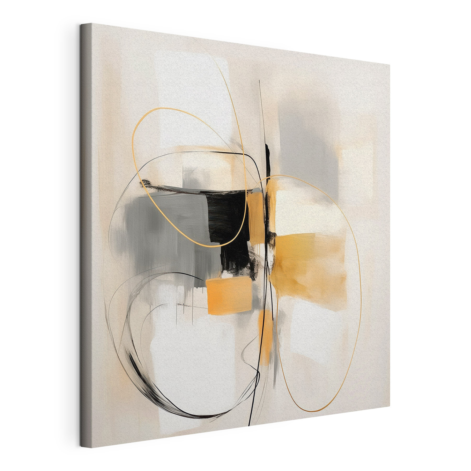 Painting of a white wall with black and yellow circles and lines Painting of a white wall with black and yellow circles and lines