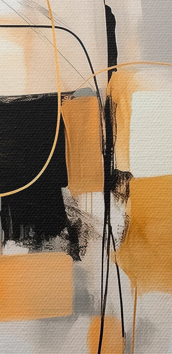 Painting of a white wall with black and yellow circles and lines Painting of a white wall with black and yellow circles and lines