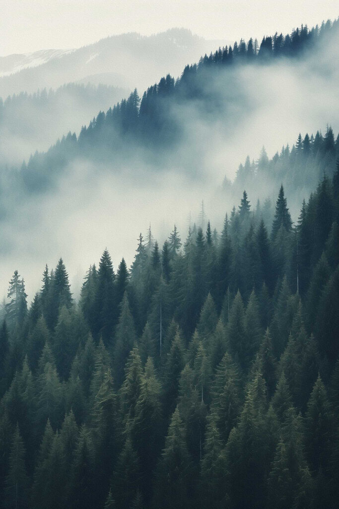 Forest of trees with fog