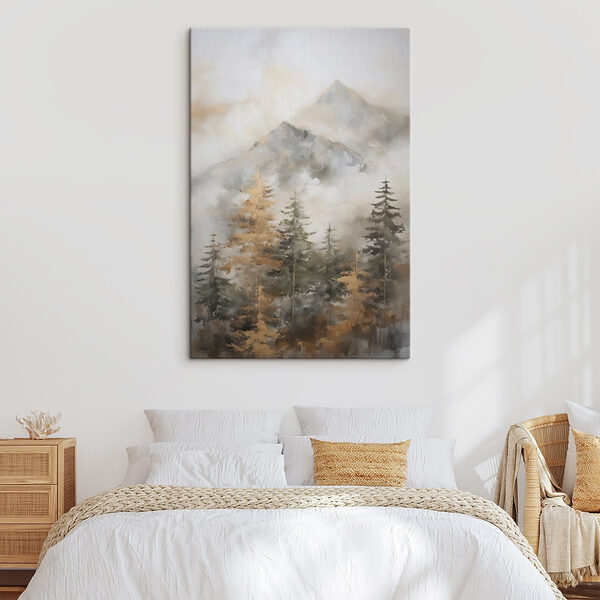 Painting of trees and mountains