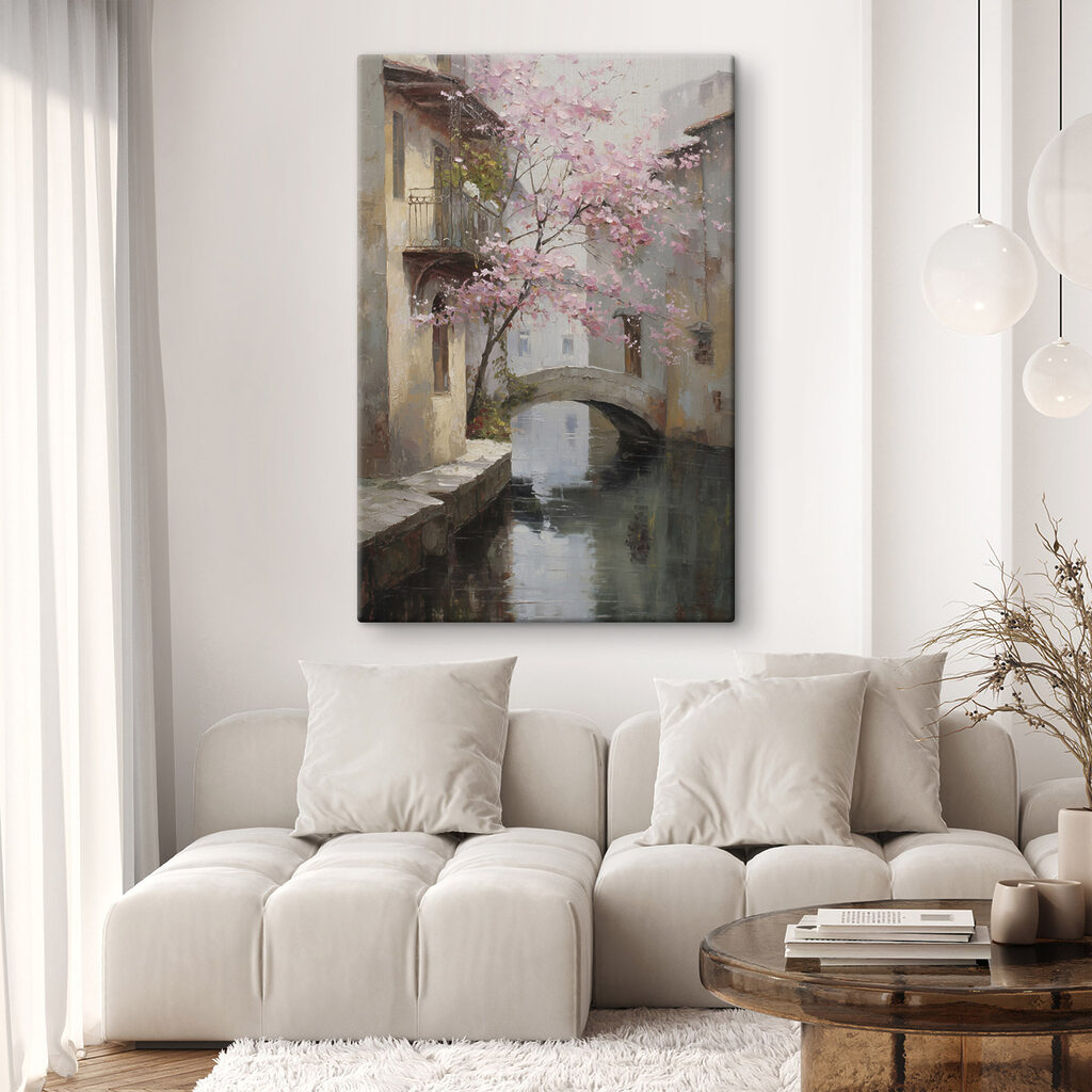 Painting of a river with a pink tree and a bridge Painting of a river with a pink tree and a bridge
