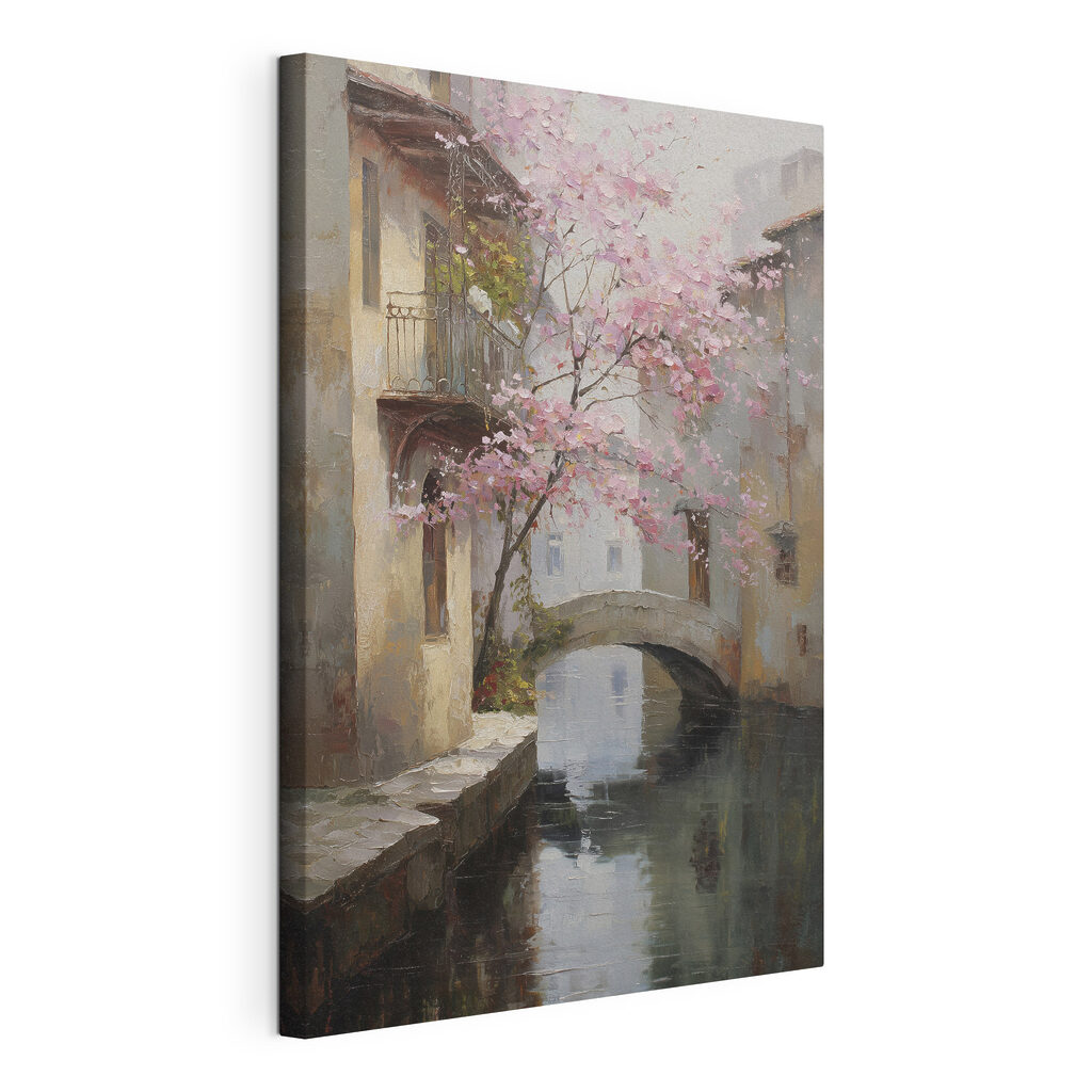 Painting of a river with a pink tree and a bridge Painting of a river with a pink tree and a bridge