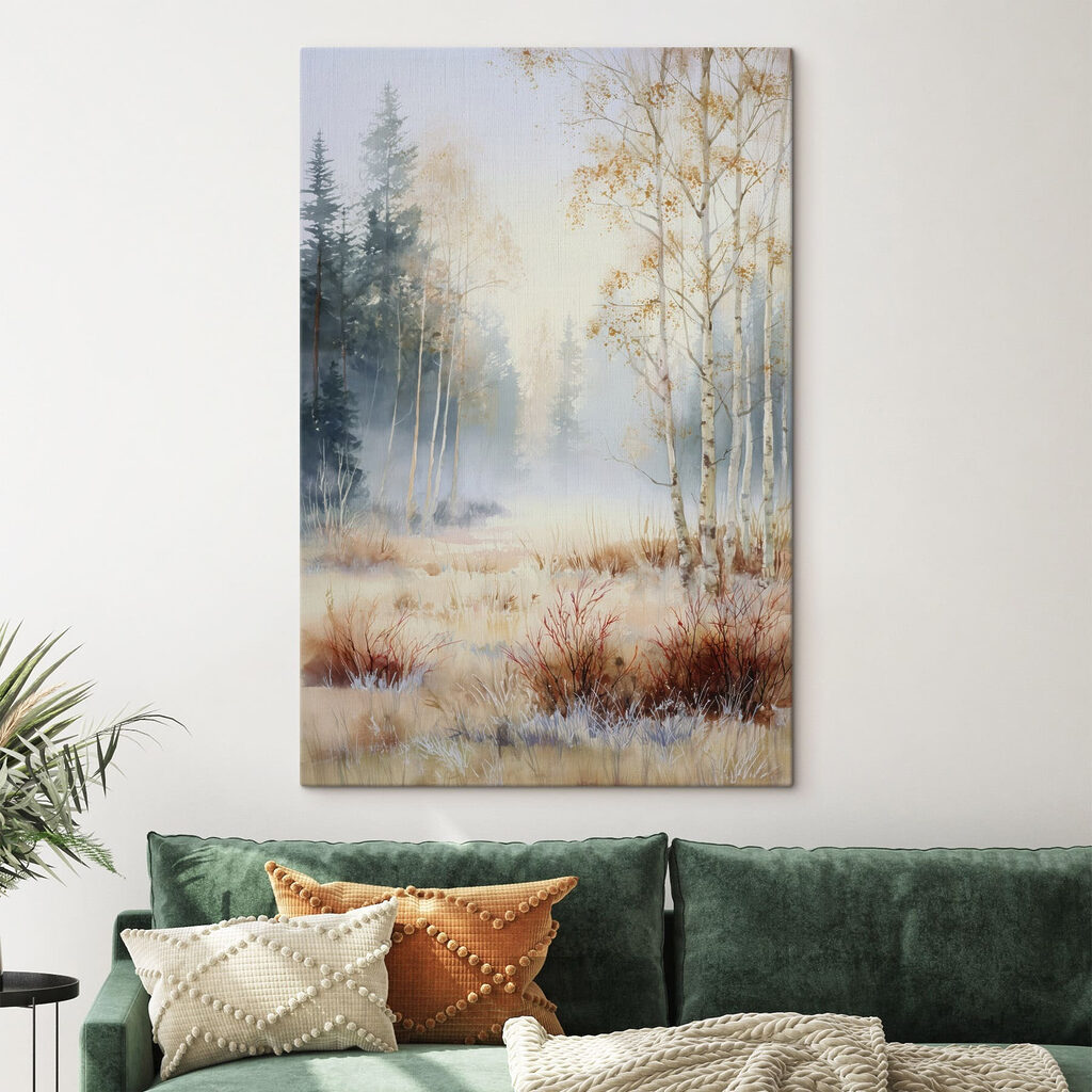 Painting of a forest with trees and fog Painting of a forest with trees and fog
