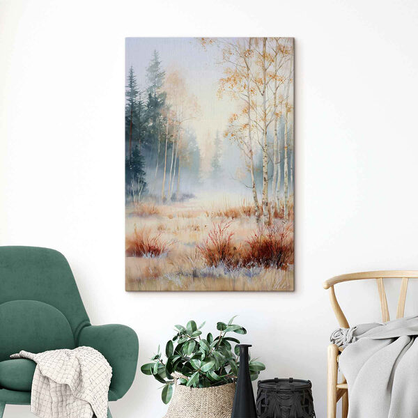 Painting of a forest with trees and fog Painting of a forest with trees and fog