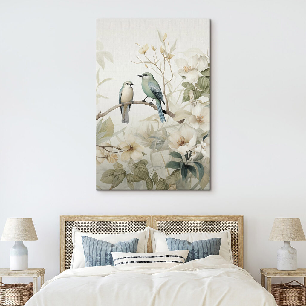 Two birds on a branch with flowers Two birds on a branch with flowers