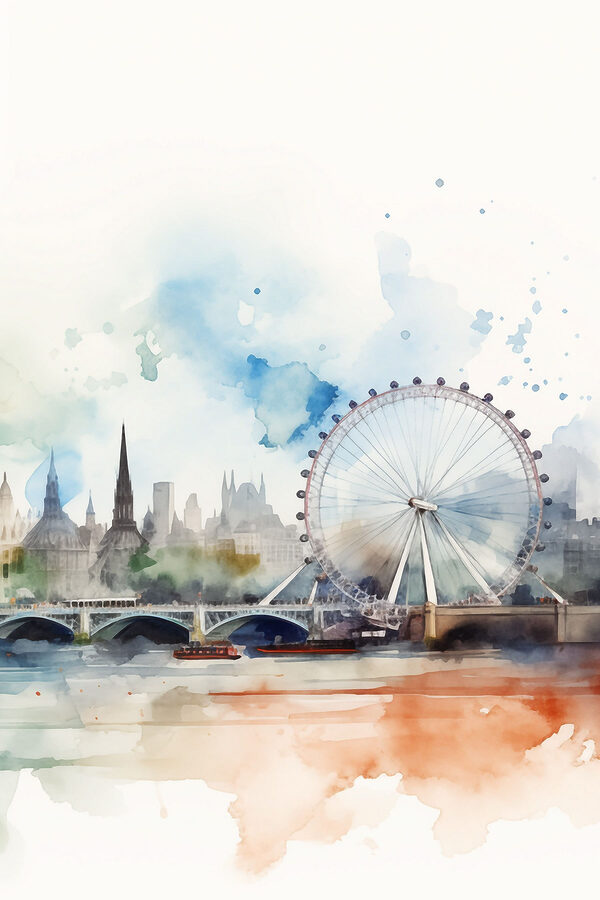 Акварель із зображенням міста з колесом огляду та мостом Акварель із зображенням міста з колесом огляду та мостом