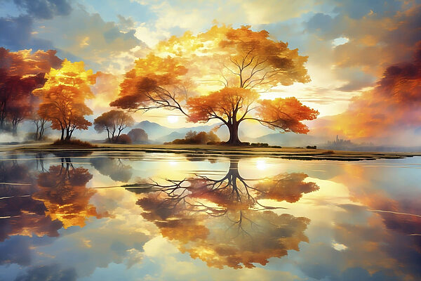 Tree with yellow leaves on the ground and a body of water Tree with yellow leaves on the ground and a body of water