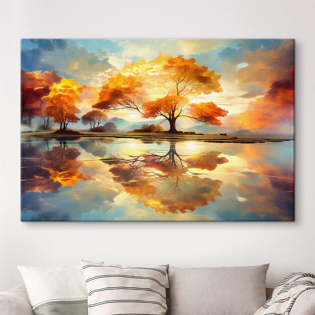 Tree with yellow leaves on the ground and a body of water Tree with yellow leaves on the ground and a body of water