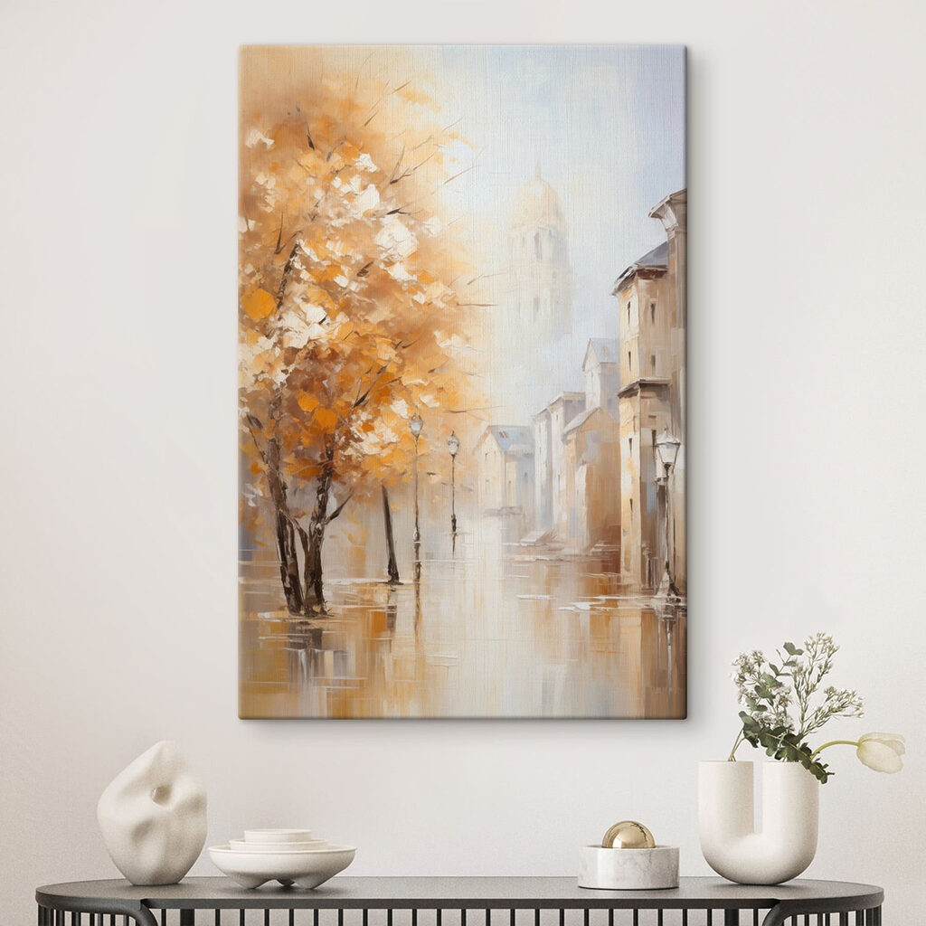 Painting of a street with trees and buildings in the background Painting of a street with trees and buildings in the background