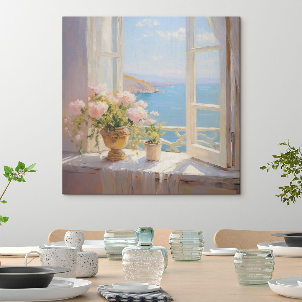 Painting of flowers on a window sill