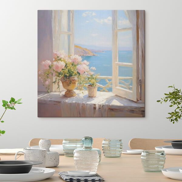 Painting of flowers on a window sill