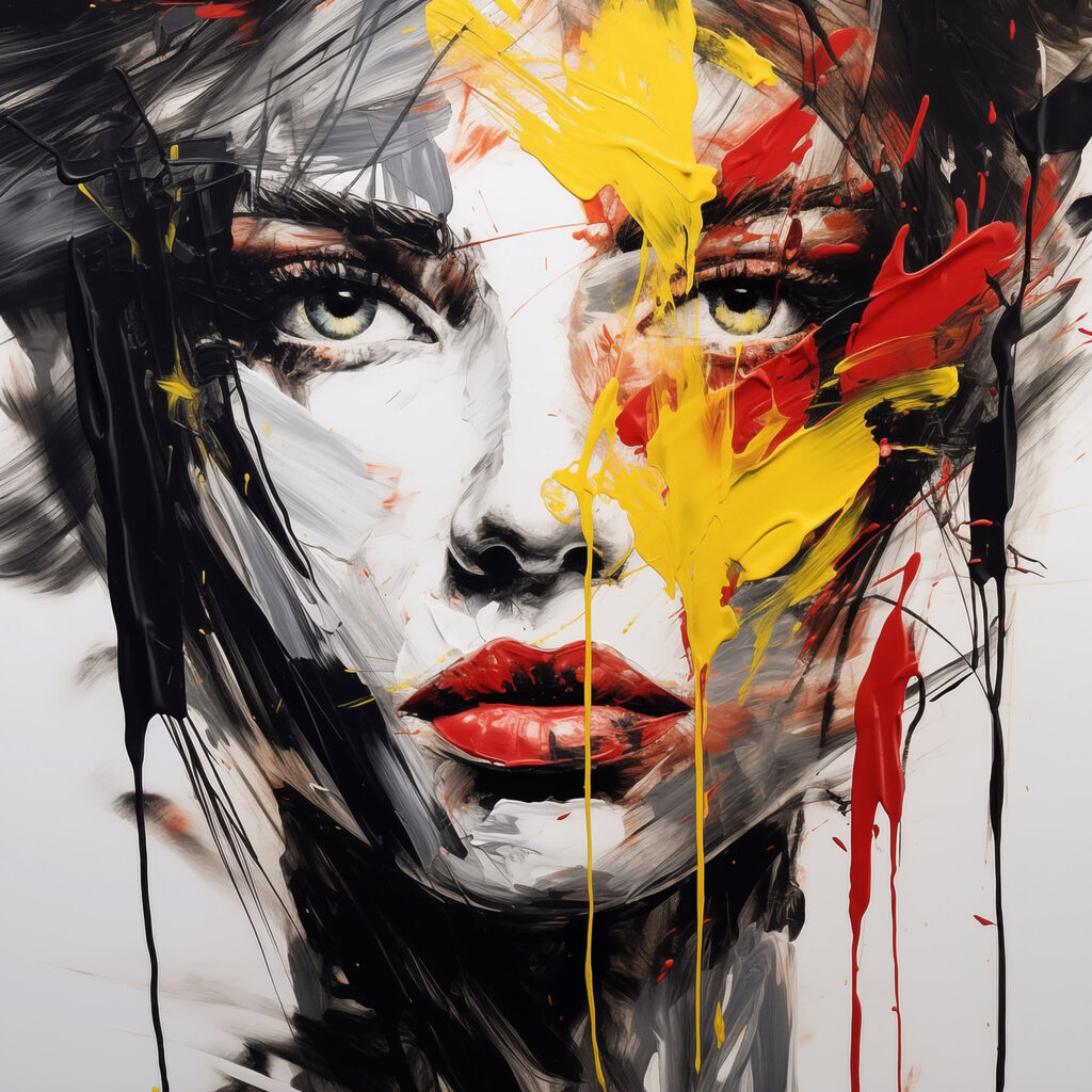 Painting of a woman's face with red yellow and black paint