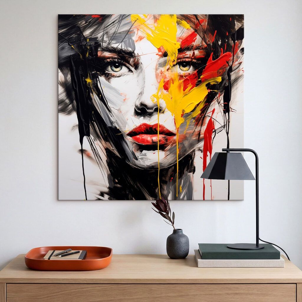 Painting of a woman's face with red yellow and black paint