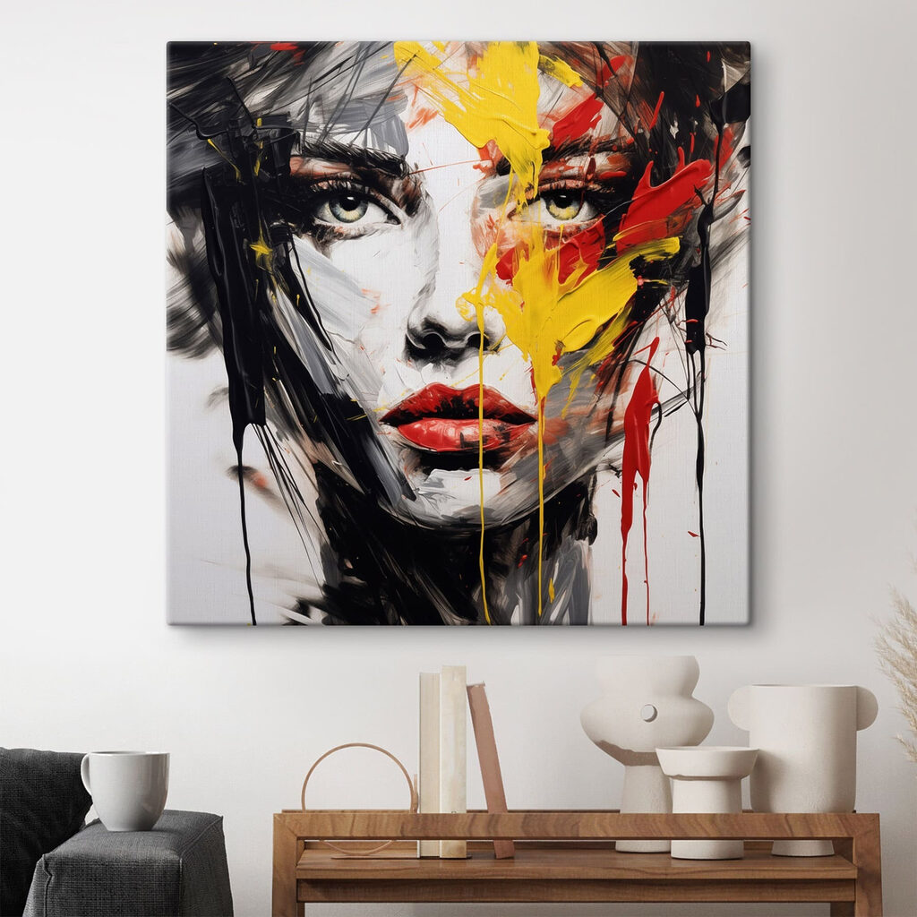 Painting of a woman's face with red yellow and black paint