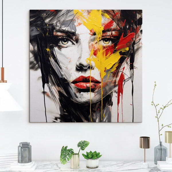 Painting of a woman's face with red yellow and black paint