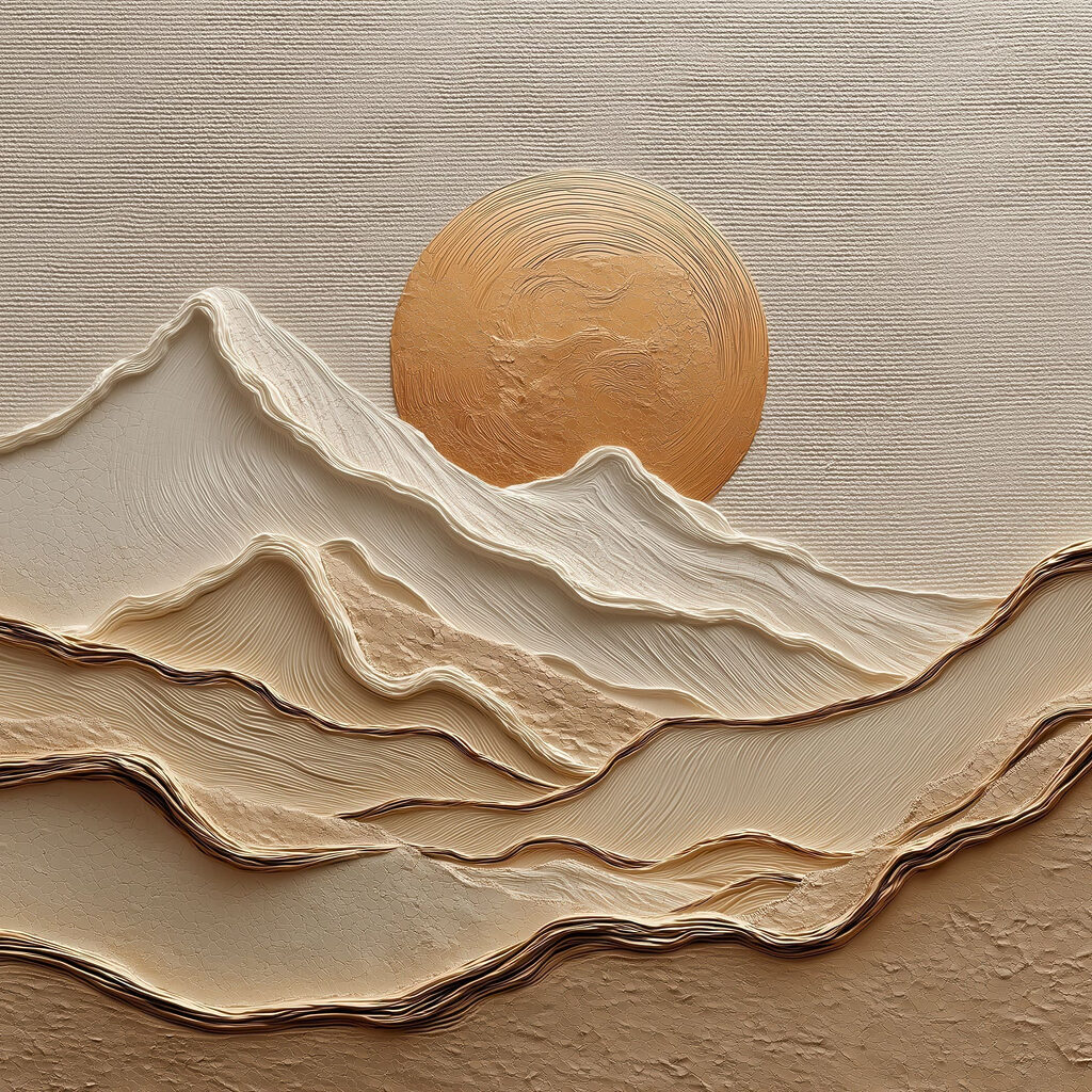 Painting of mountains and sun