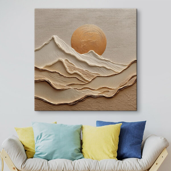 Painting of mountains and sun