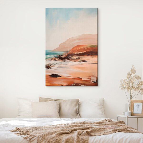 Painting of a beach with a rocky shore Painting of a beach with a rocky shore