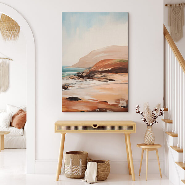 Painting of a beach with a rocky shore Painting of a beach with a rocky shore