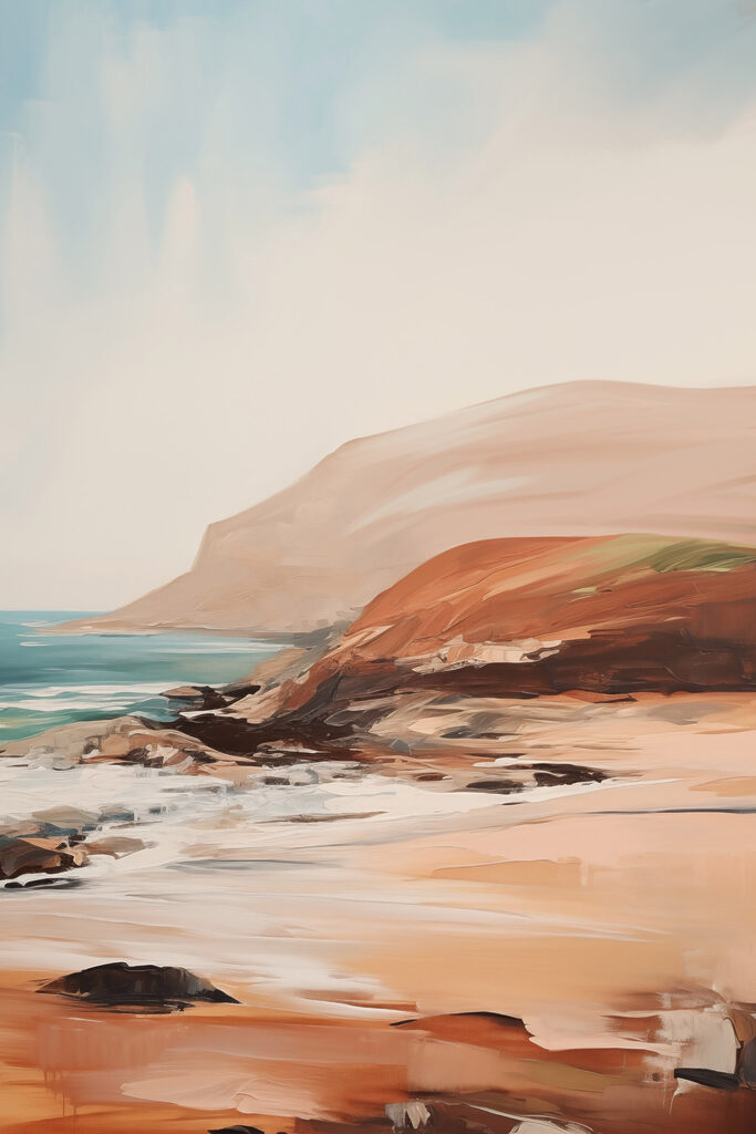 Painting of a beach with a rocky shore Painting of a beach with a rocky shore
