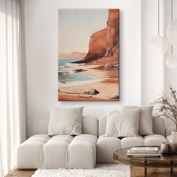 Painting of a beach and cliffs
