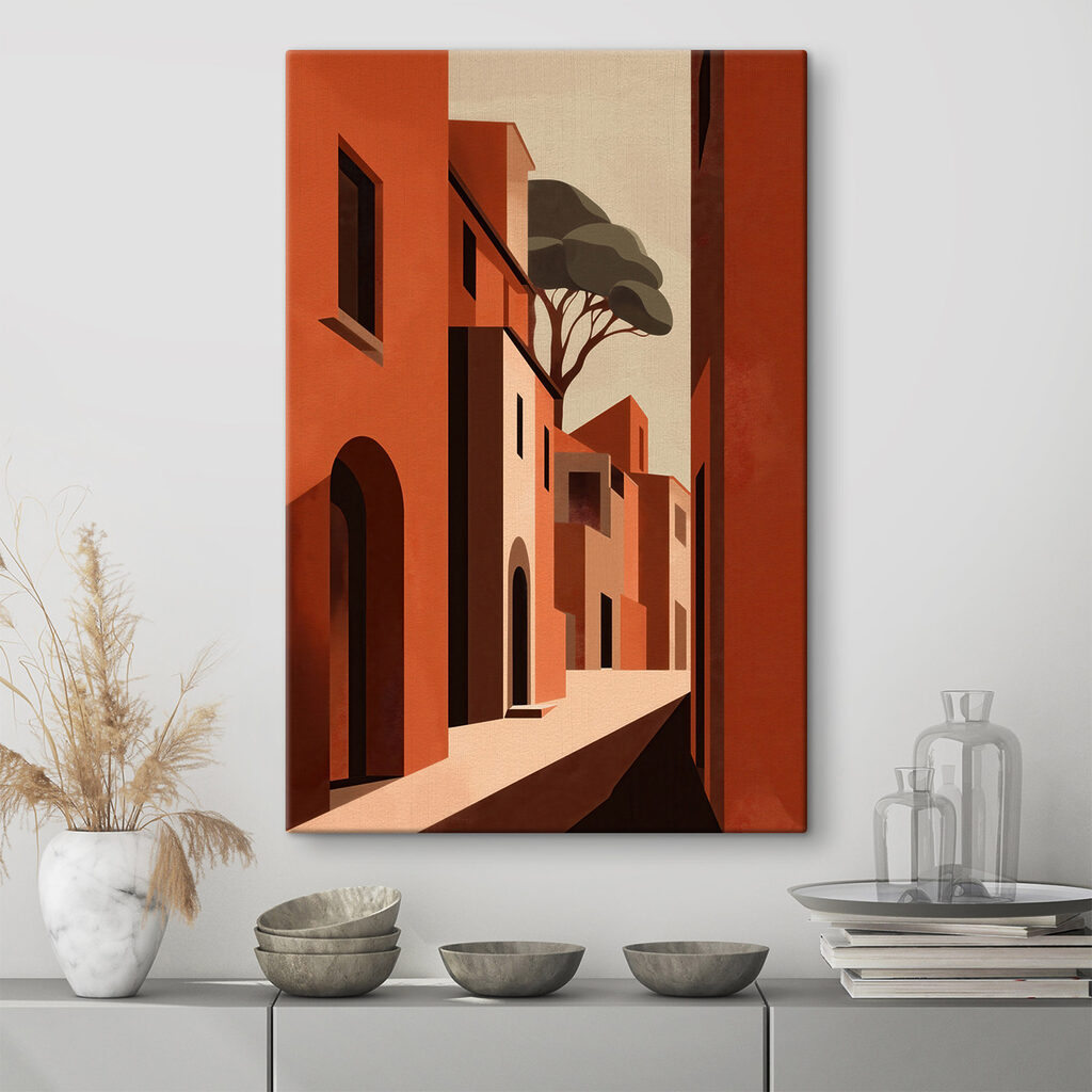Painting of a street with buildings and trees