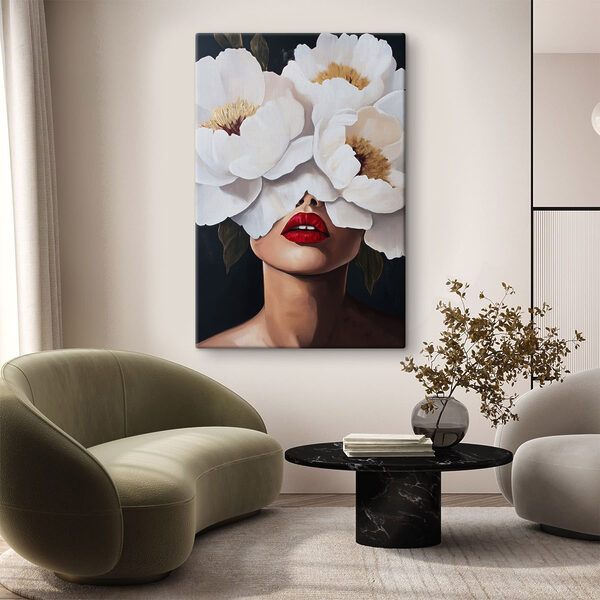 Painting of a woman with flowers over her face Painting of a woman with flowers over her face