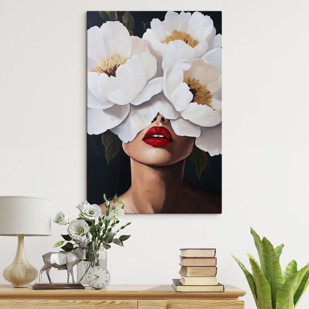 Painting of a woman with flowers over her face Painting of a woman with flowers over her face