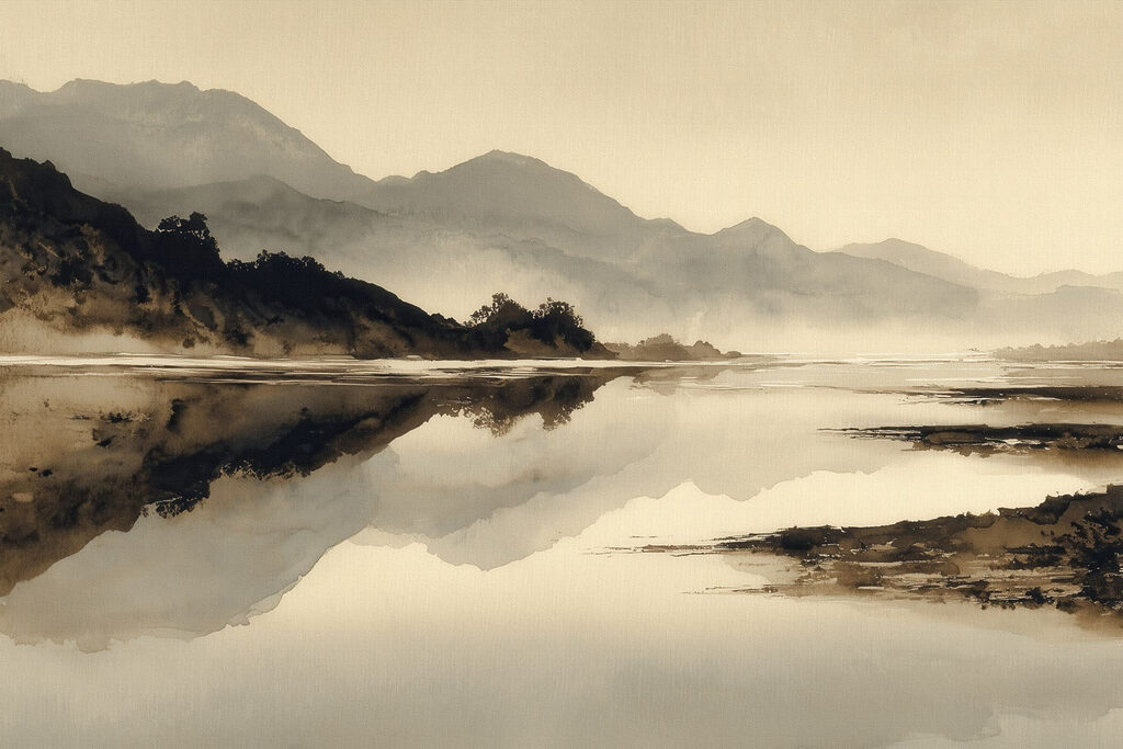 Watercolor painting of a lake with mountains in the background