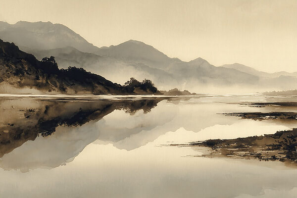 Watercolor painting of a lake with mountains in the background