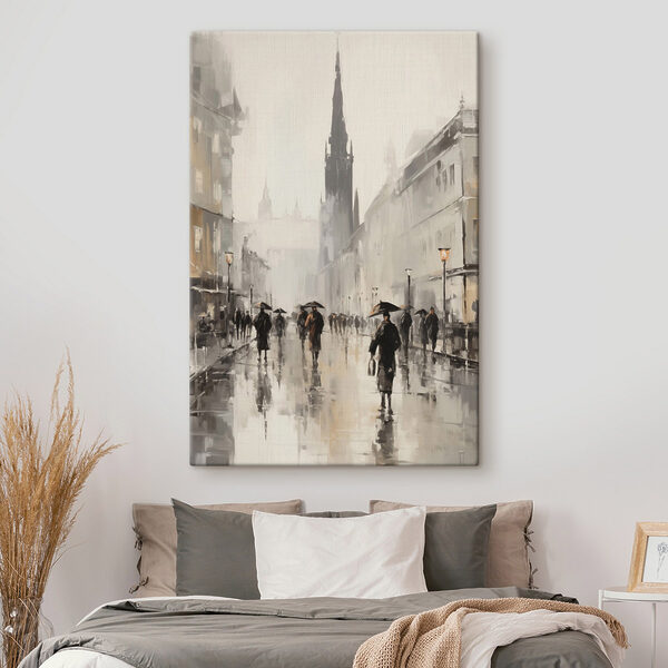 Painting of people walking on a street with umbrellas