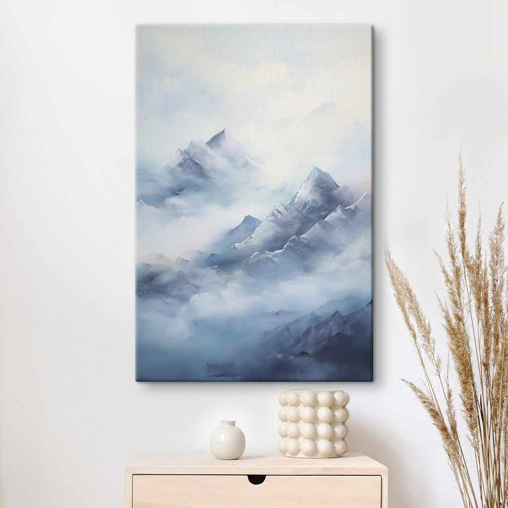 Painting of mountains in the clouds