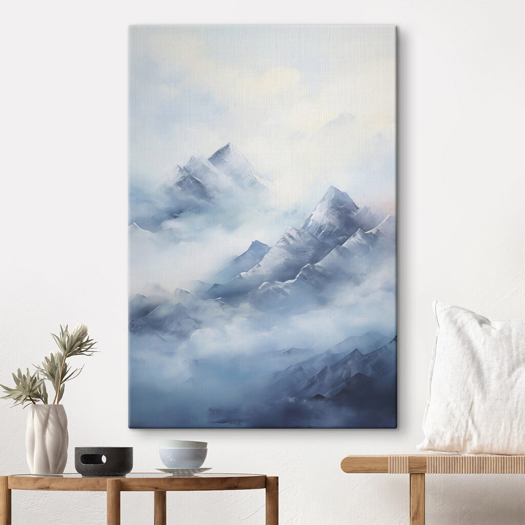 Painting of mountains in the clouds